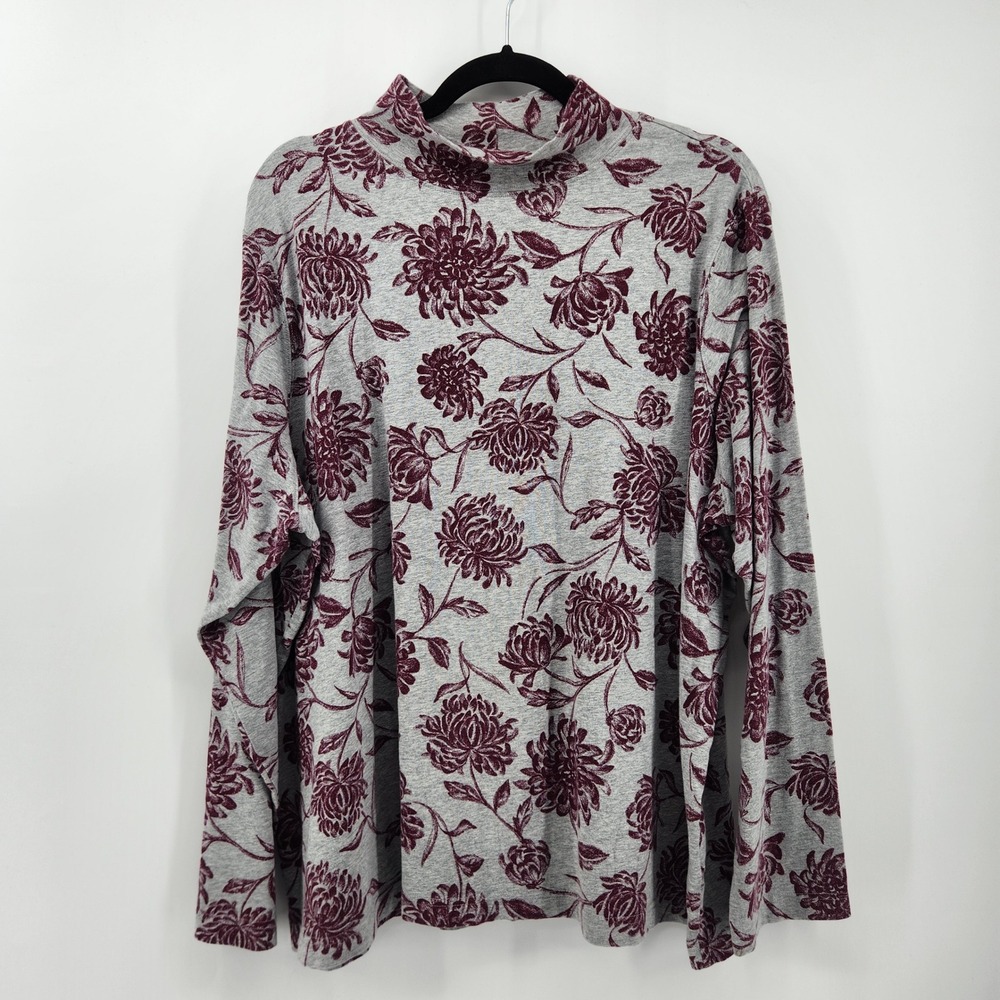 Croft & Barrow Womens 3X‎ Gray Floral Print Mock Neck Long Sleeve Top